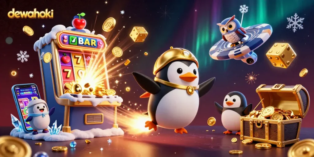 Experience exciting gameplay at dewahoki with a golden penguin blasting through space toward wins!