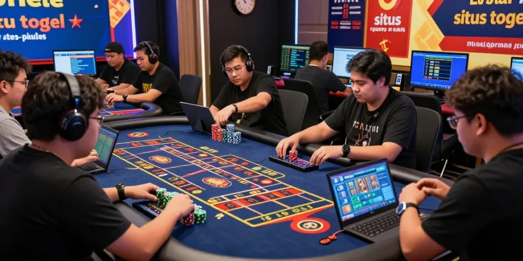 Exciting situs togel gaming scene with diverse players engaging at online betting platforms.