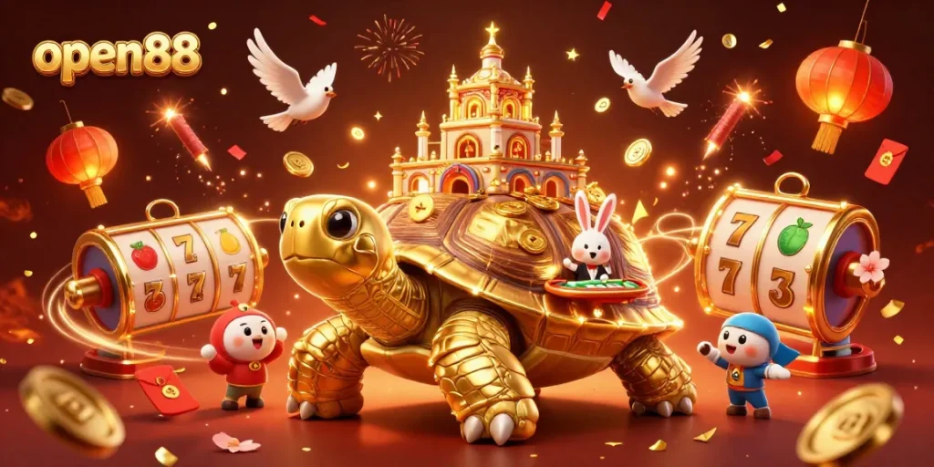 Experience thrilling casino gameplay at open88 with golden tortoise, rabbit dealer, and dynamic slot elements.