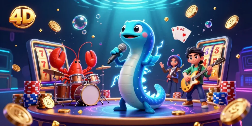 Play exciting 4D slot games with vibrant characters and sparkling gems in a colorful casino scene.