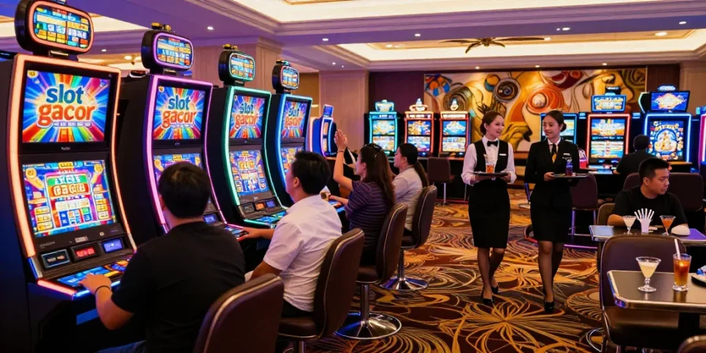 Exciting casino scene featuring slot gacor machines with players celebrating wins and a luxurious atmosphere.