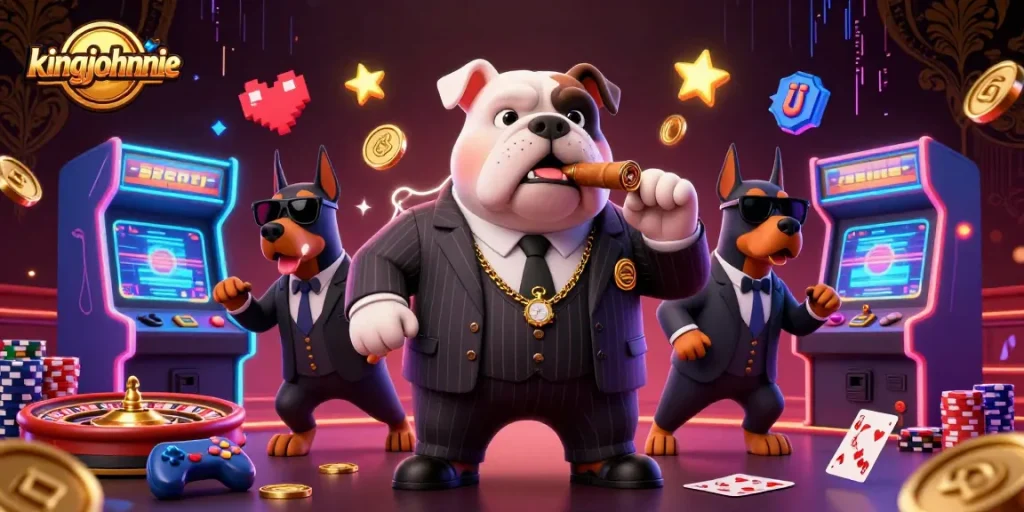 Join the action at kingjohnnie with a mafia bulldog and Doberman bodyguards in this thrilling casino scene.