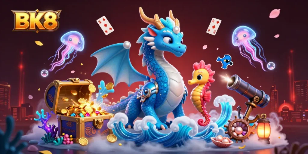 Experience the thrilling action of BK8 as the azure water dragon and seahorse knight uncover hidden treasures in a vibrant ocean scene.