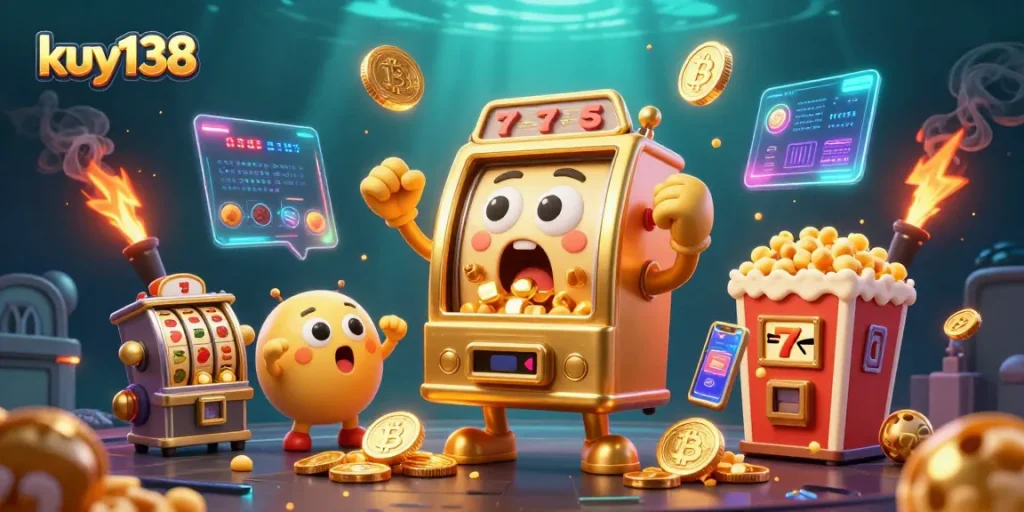 Gambaran slot machine kejutan kuy138 yang memenangkan jackpot dengan koin emas berhamburan.