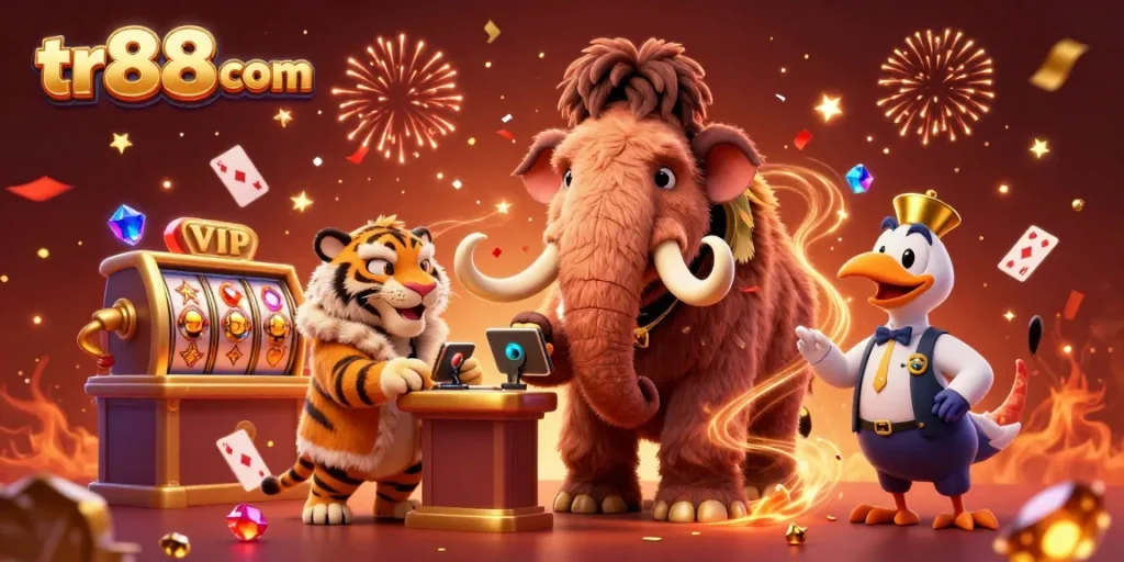 Engage with the thrilling world of tr88 com, featuring vibrant casino characters in a dynamic, colorful setting.