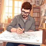 Gambar komikcast menunjukkan seniman komik sedang menggambar dengan penuh konsentrasi.