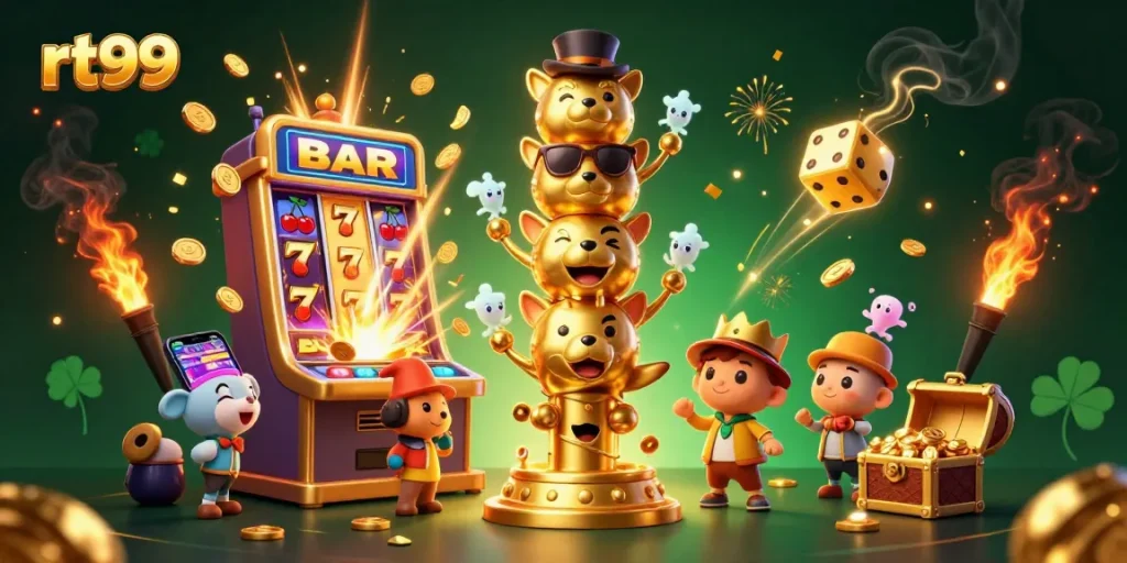 Feel the excitement of rt99 with an explosion of slot machine wins, gold coins, and lively totem characters.