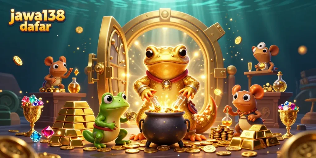 Jawa138 daftar menampilkan ilustrasi kasino dengan alkimia karakter 3D dan harta karun bersinar