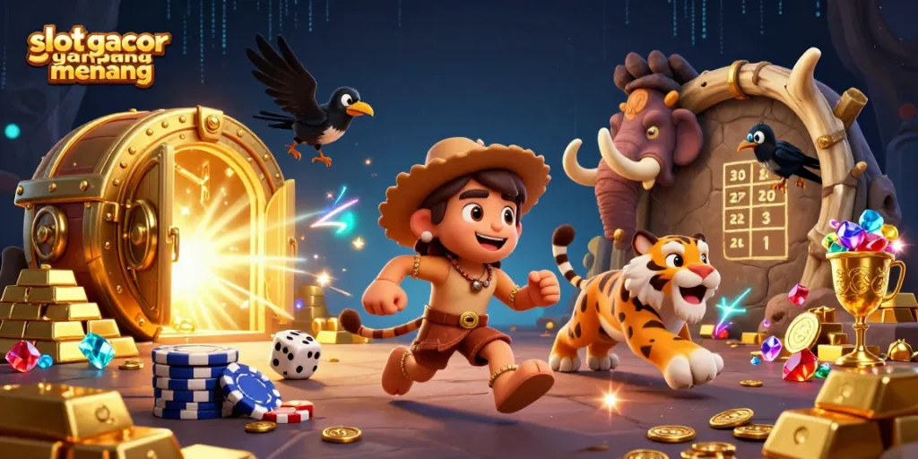 Menangkan slot gacor gampang menang dalam ilustrasi kasino prasejarah dengan karakter gua dan harimau sabertooth.