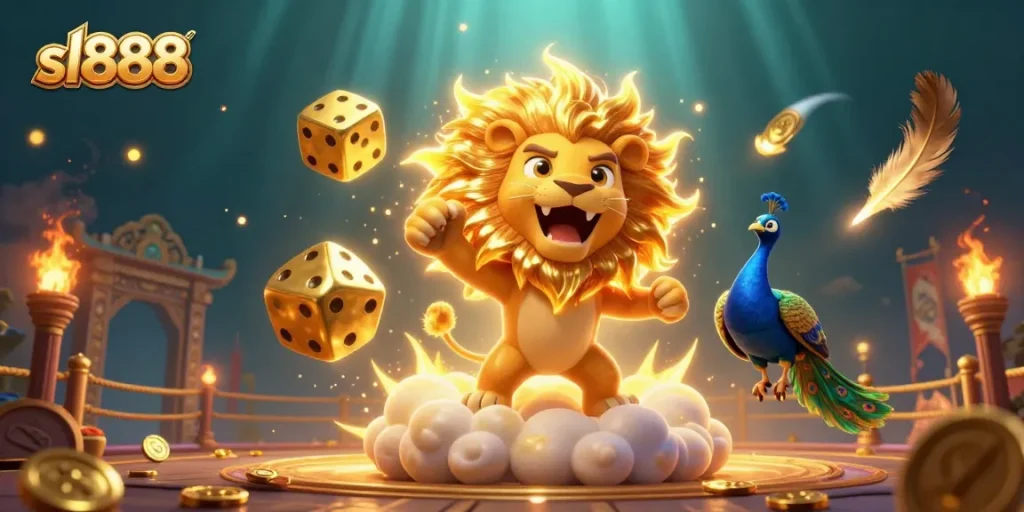 Play exciting games on sl888 with the roaring lion, golden dice, and vibrant casino elements.