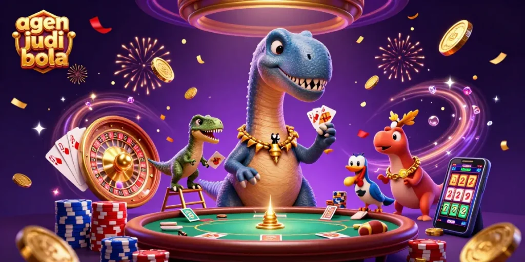 Engage in thrilling agen judi bola with a whimsical scene featuring a giant brontosaurus and clever raptor in a vibrant casino.
