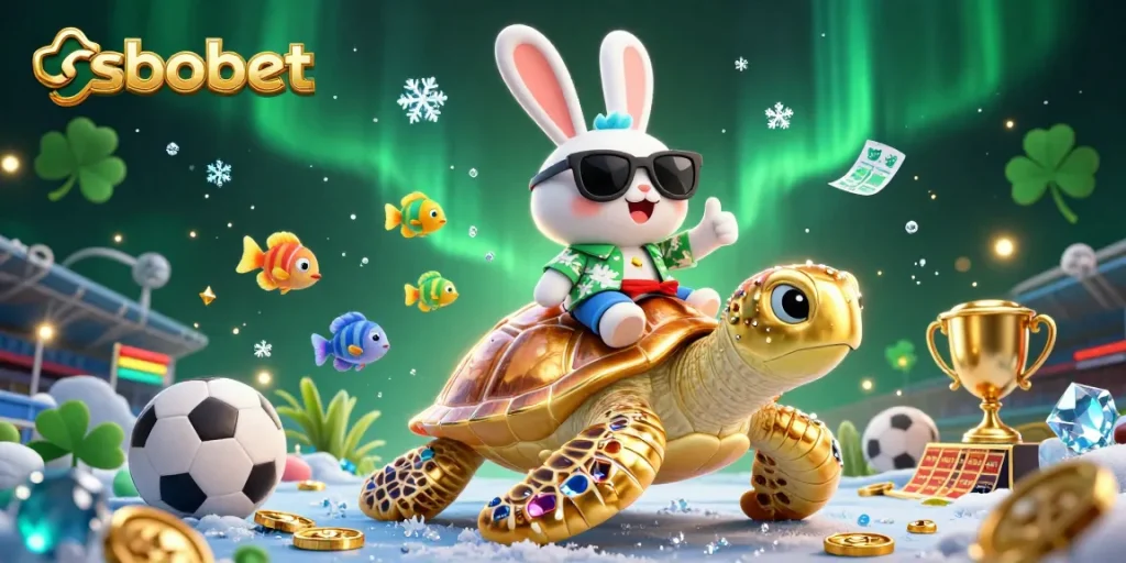 Bet on sbobet with an adorable lucky rabbit and golden sea turtle in a vibrant, dynamic sports scene.
