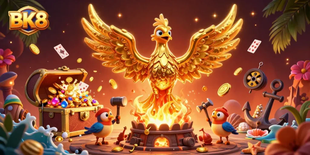 Experience BK8's thrilling gaming world with a golden phoenix and treasure explosions!