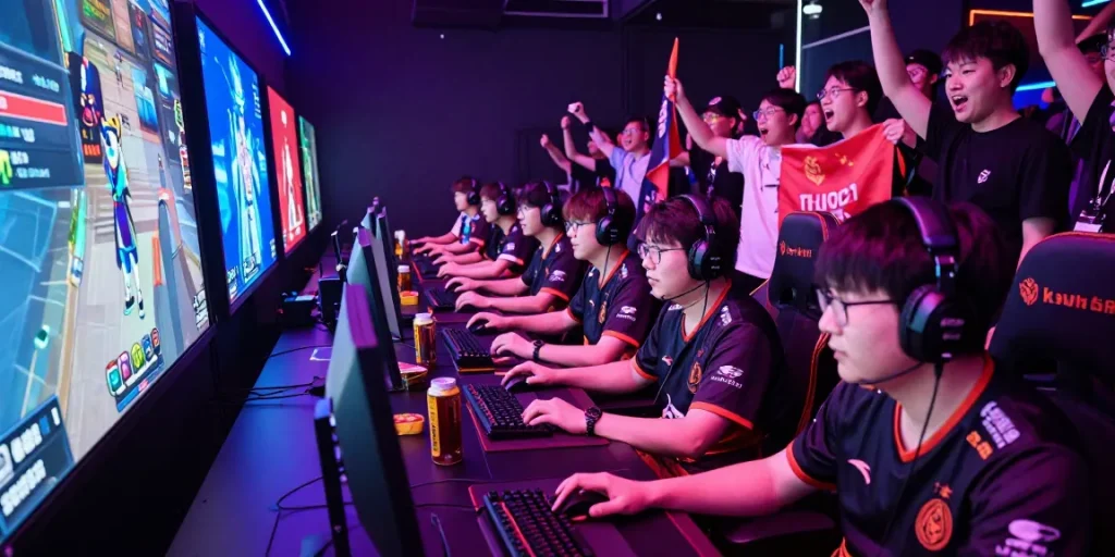 Situasi kompetisi esports ligagalaxy dengan gamer bersemangat dalam atmosfer penuh semangat di venue yang ramai.