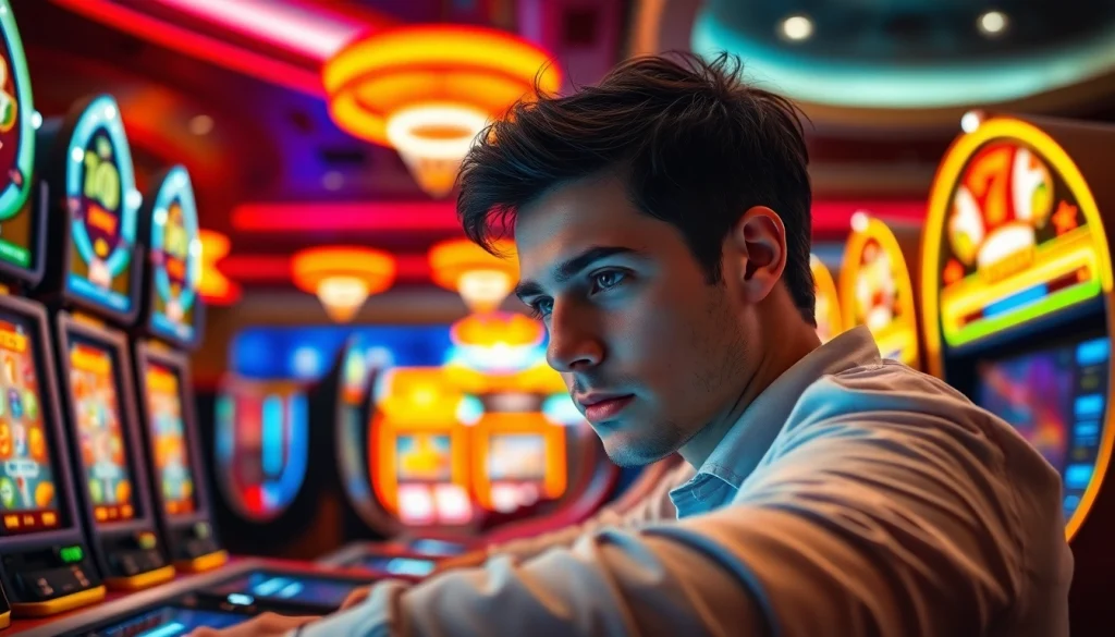 Kutu4d Gamer sedang beraksi di kasino dengan mesin slot yang berwarna-warni.