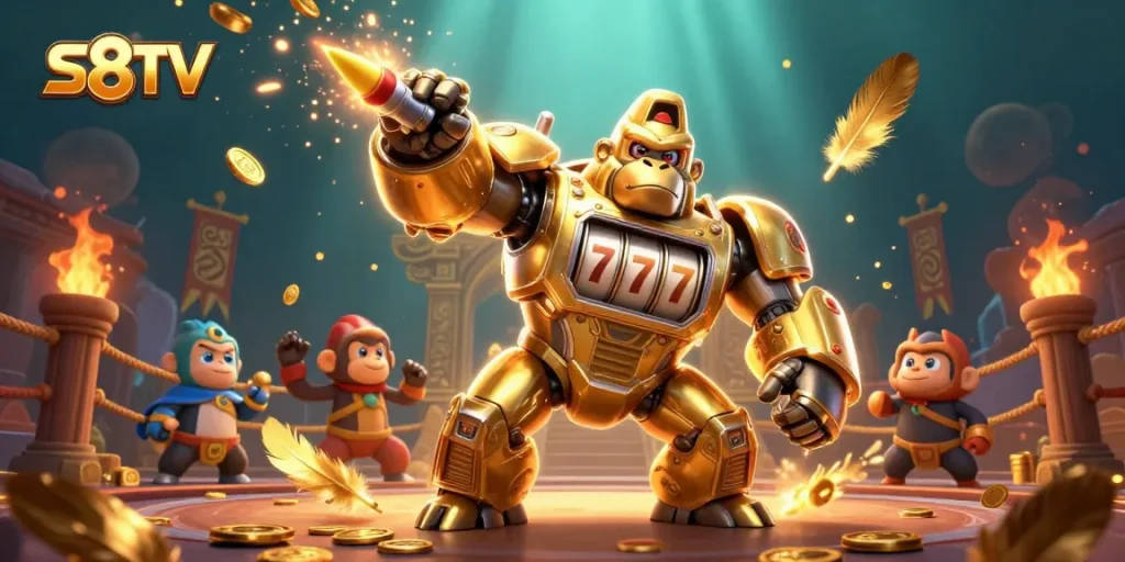 S8TV offers thrilling action with a golden gorilla mech and dynamic coins in a vibrant gambling scene.