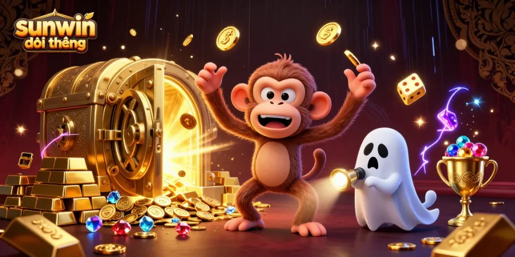 Engage with sunwin đổi thưởng at a haunted casino featuring a playful ghost with golden treasures.