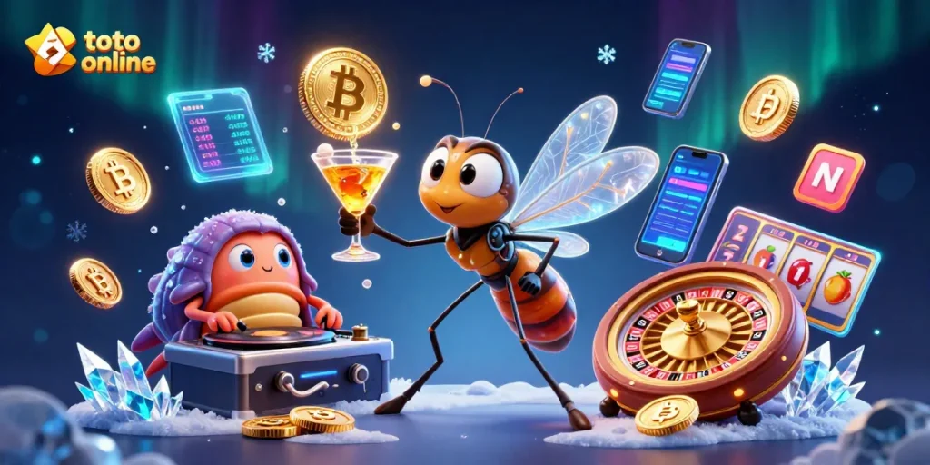 Ilustrasi toto online yang menunjukkan karakter menarik dalam suasana kasino digital