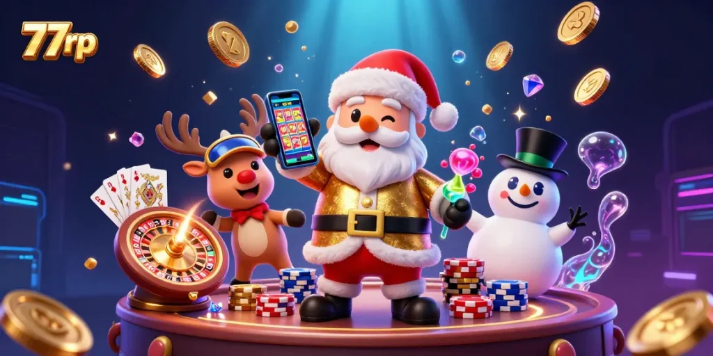 Play exciting games at 77rp's dynamic casino with Santa and friends celebrating jackpots.