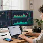 Trader cryptocurrency menggunakan uangemas99 di kantor modern dengan layar besar dan cahaya alami.
