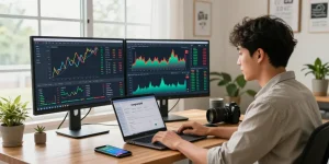 Trader cryptocurrency menggunakan uangemas99 di kantor modern dengan layar besar dan cahaya alami.