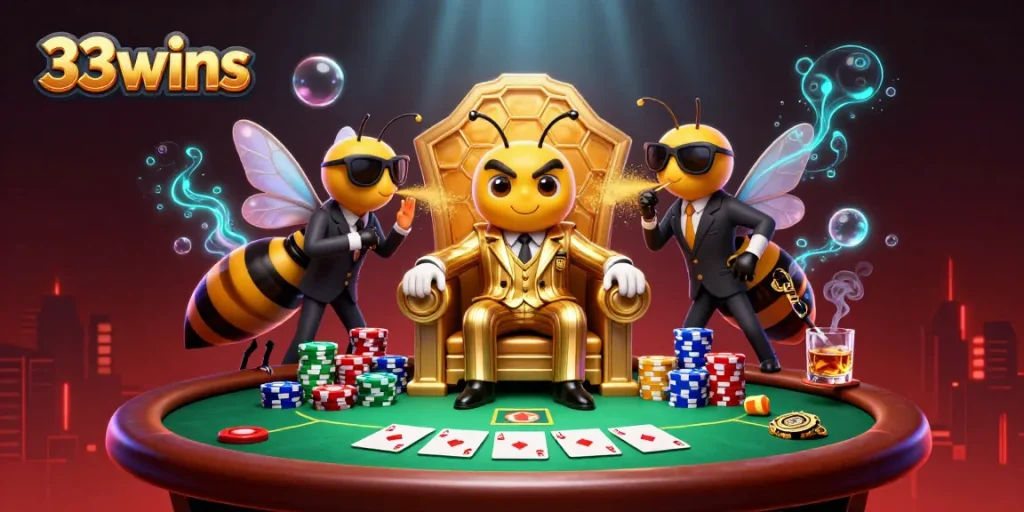Win big with 33wins as a cartoon bumblebee mob boss rules a vibrant poker scene.