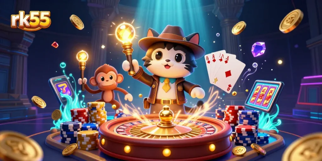 Experience the thrill of rk55 gaming with a cat archaeologist and monkey discovering casino treasures.