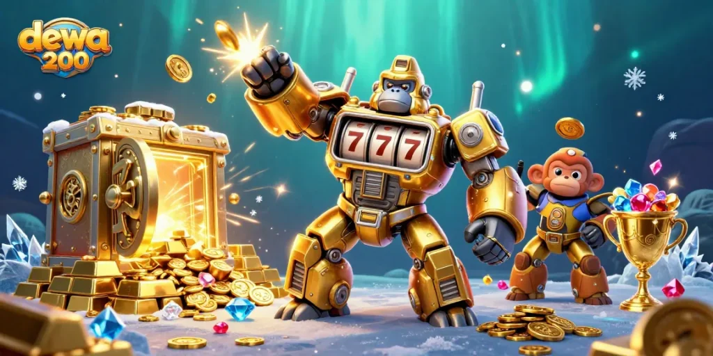 Gorila emas bertenaga slot dewa200 meledakkan koin dalam ilustrasi kasino yang mengesankan.