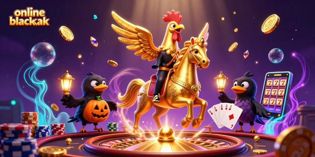 Experience online blackjack with vibrant casino elements like golden rooster and royal flush cards.