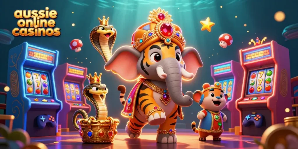 Experience the thrill at aussie online casinos with vibrant 3D characters and casino gaming elements.