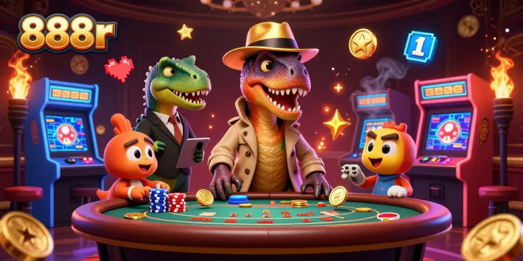 Experience the thrills of 888r casino gaming with a lively scene showcasing characters engaging in exciting activities.