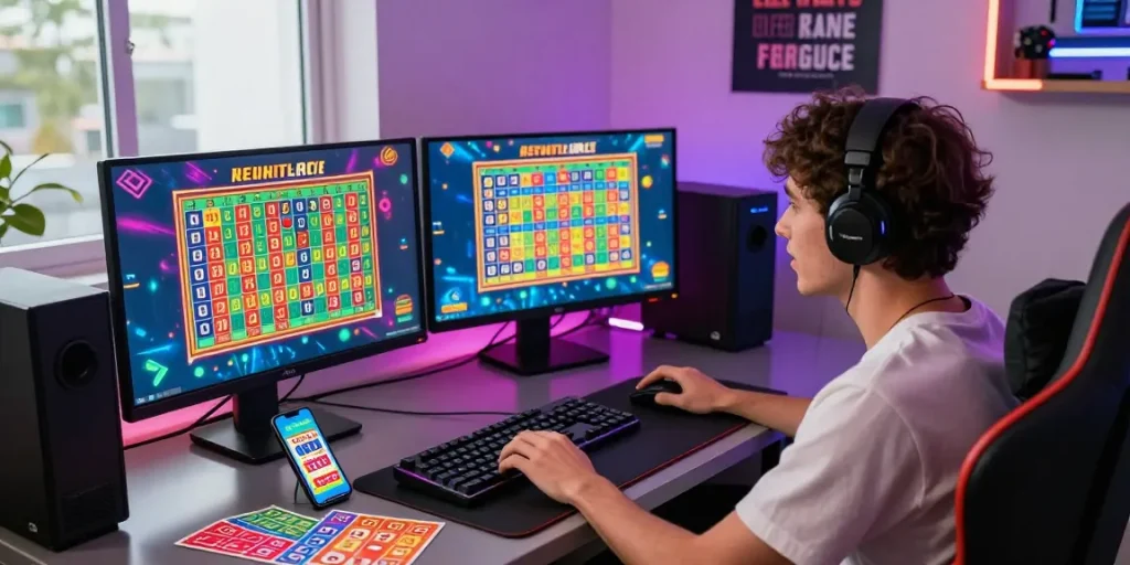 Pengguna aktif bermain rajatogel dengan layar menampilkan angka undian dan tiket berwarna-warni di lingkungan gaming modern.