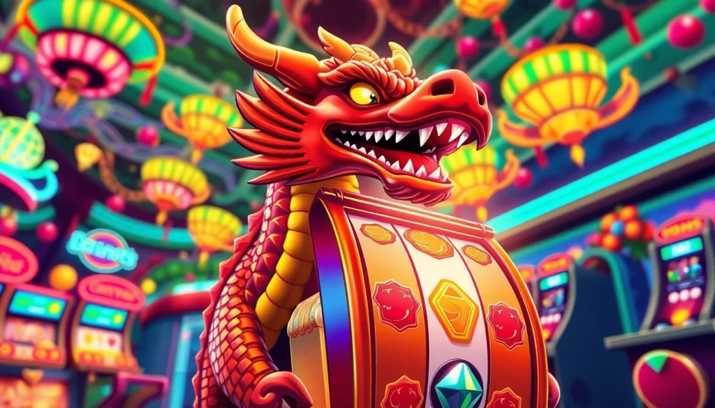 Mainkan slot DRAGON2222 dengan mesin penuh warna dan simbol berapi yang menarik.