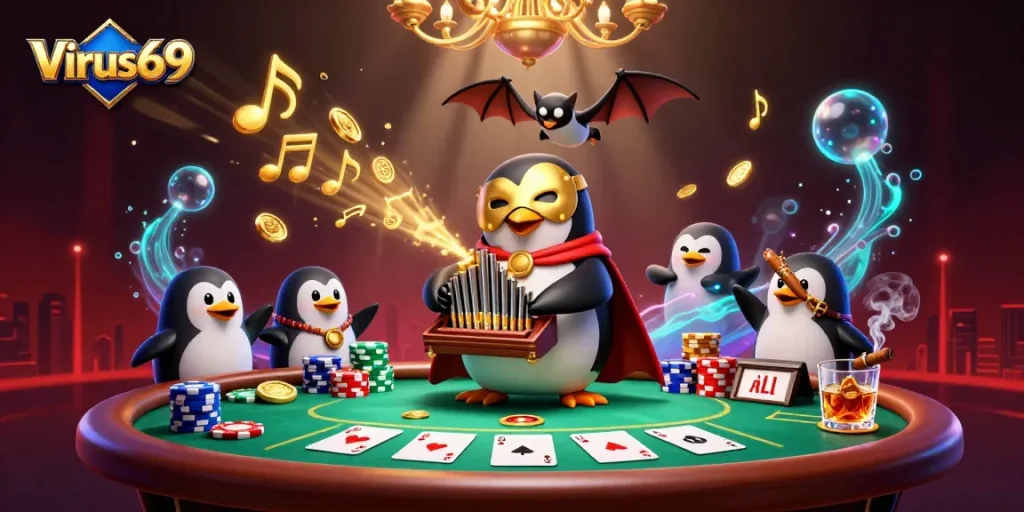 Experience thrilling gameplay at Virus69 with a vibrant scene of a penguin organist and golden coins raining down.