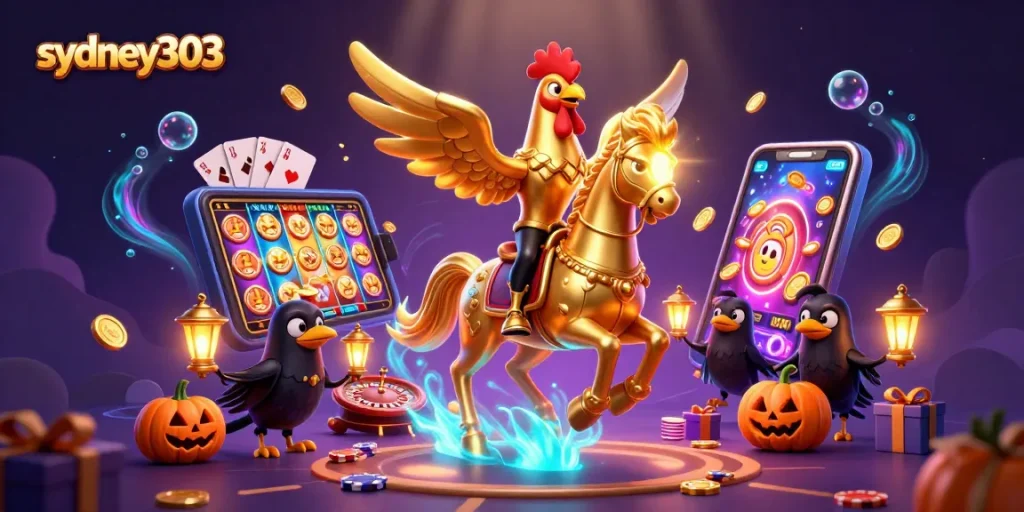 Visualisasi sydney303 menampilkan ayam jantan emas di kasino malam, dikelilingi efek glamor.