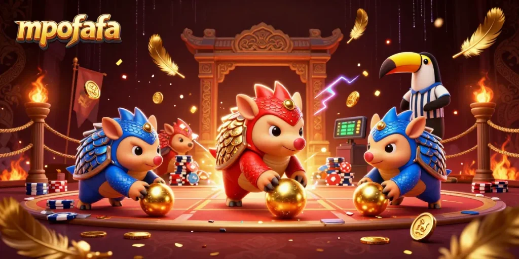 mpofafa pangolins compete in a dynamic casino scene, bowling through poker chips with excitement