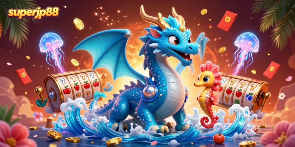 Experience thrilling slot action with superjp88 as a vibrant water dragon and accessories create a lively scene.