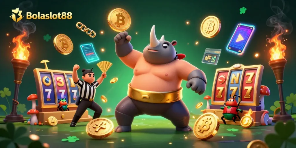 Bolaslot88 offers a vibrant scene with a sumo beetle champion surrounded by exciting slot and crypto elements.