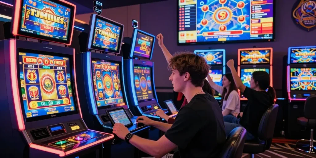 Player enjoying situs slot games in a lively online casino atmosphere, surrounded by friends and colorful slot machines.